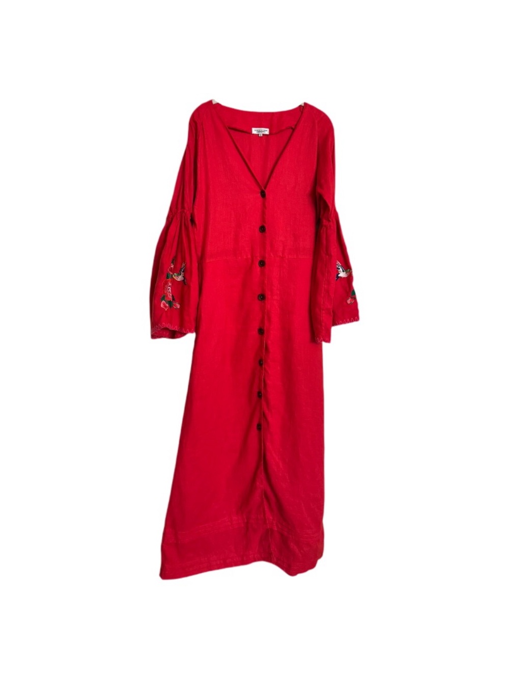 SENSI STUDIO Embroidered Maxi Red Dress Sz S Linen Made in Ecuador Bell Sleeves